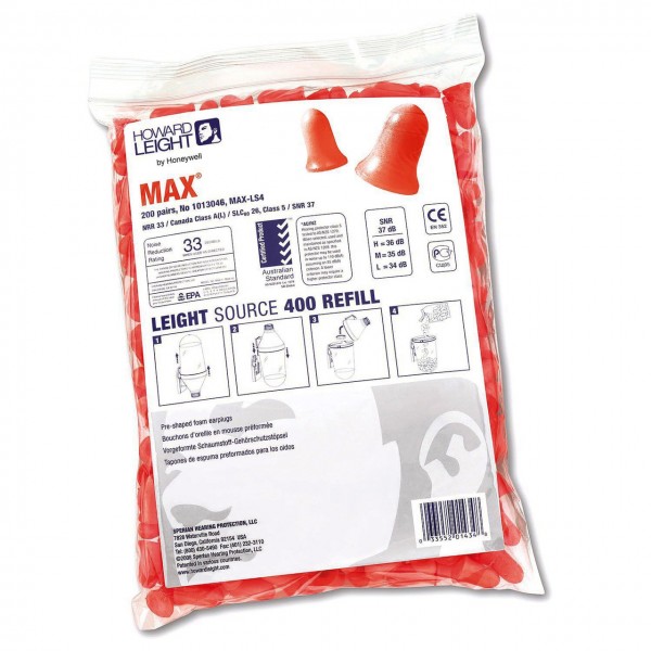 Howard Leight Gehörschutzstöpsel Max Nachfüllpackung 200 Paar für LS400, SNR 38 dB